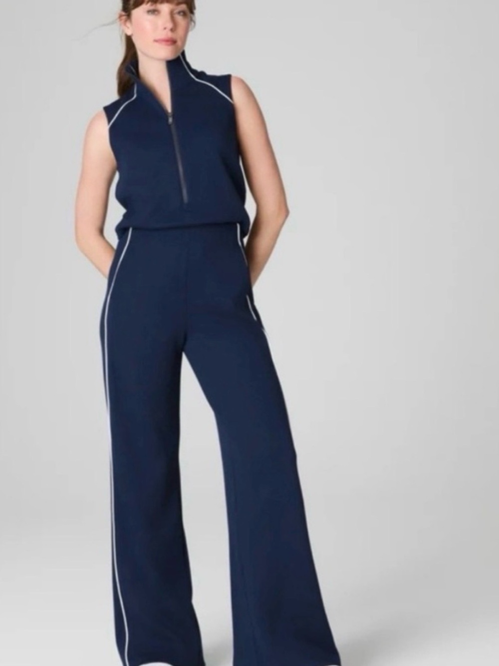 Spanx Air Pique Navy Wide-Leg Jumpsuit with Contrast Piping